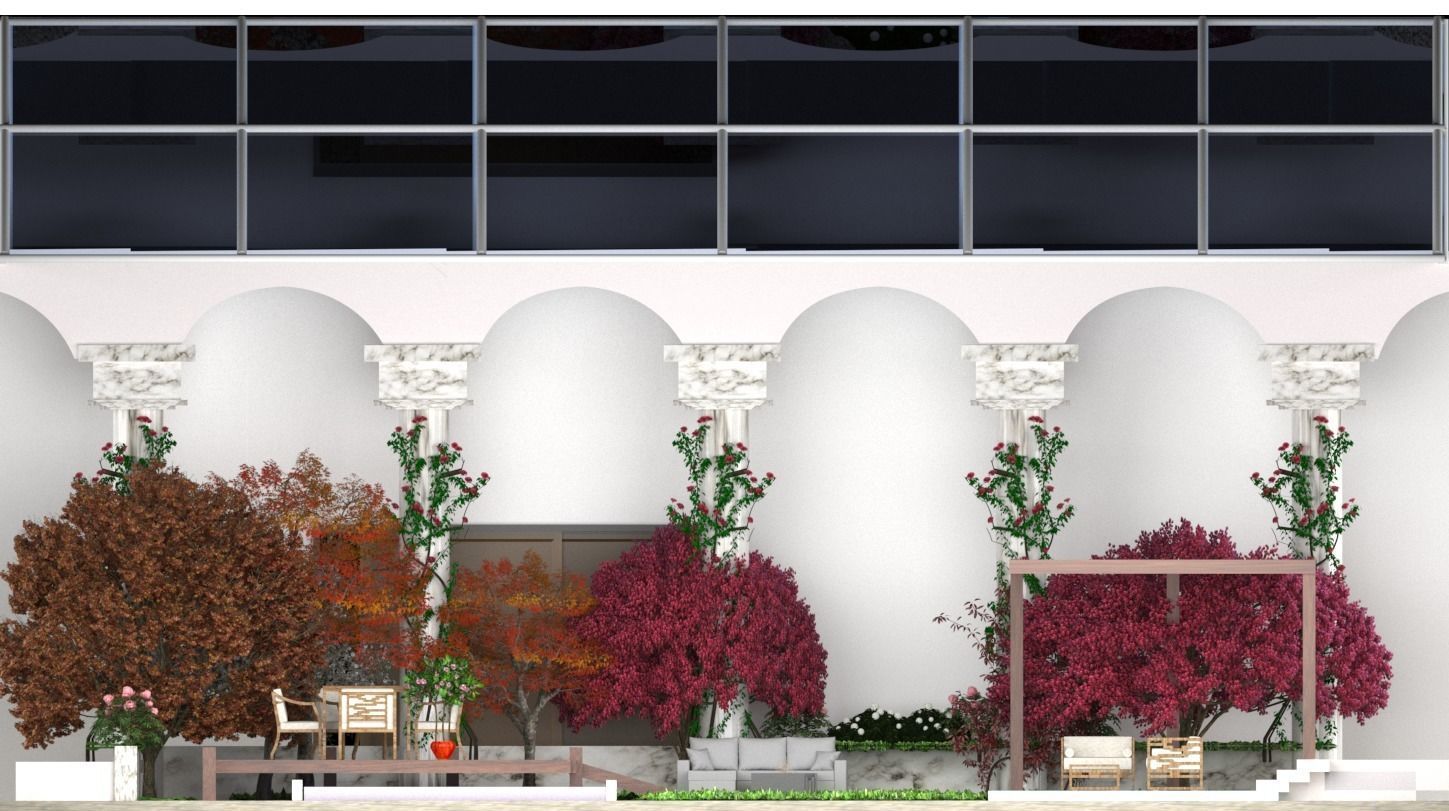 landscape garden with furniture and plants 3D model_1