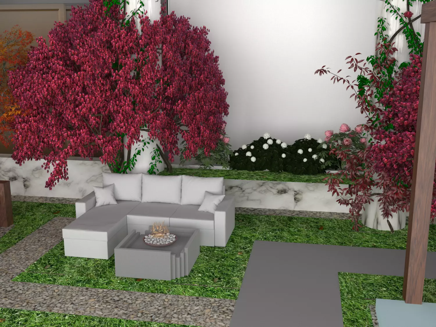 landscape garden with furniture and plants 3D model_0