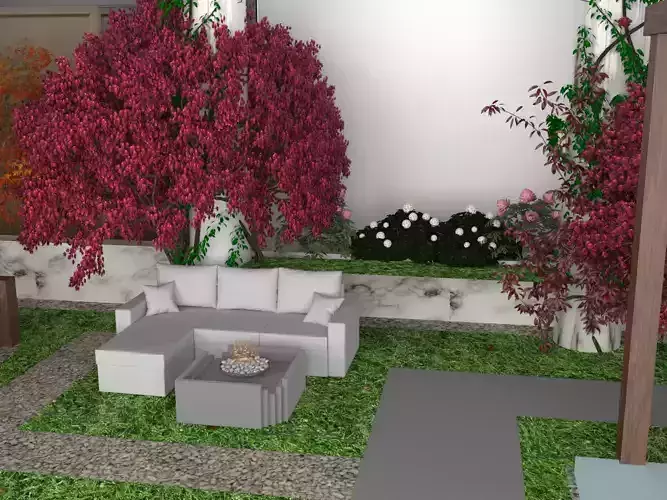 landscape garden with furniture and plants