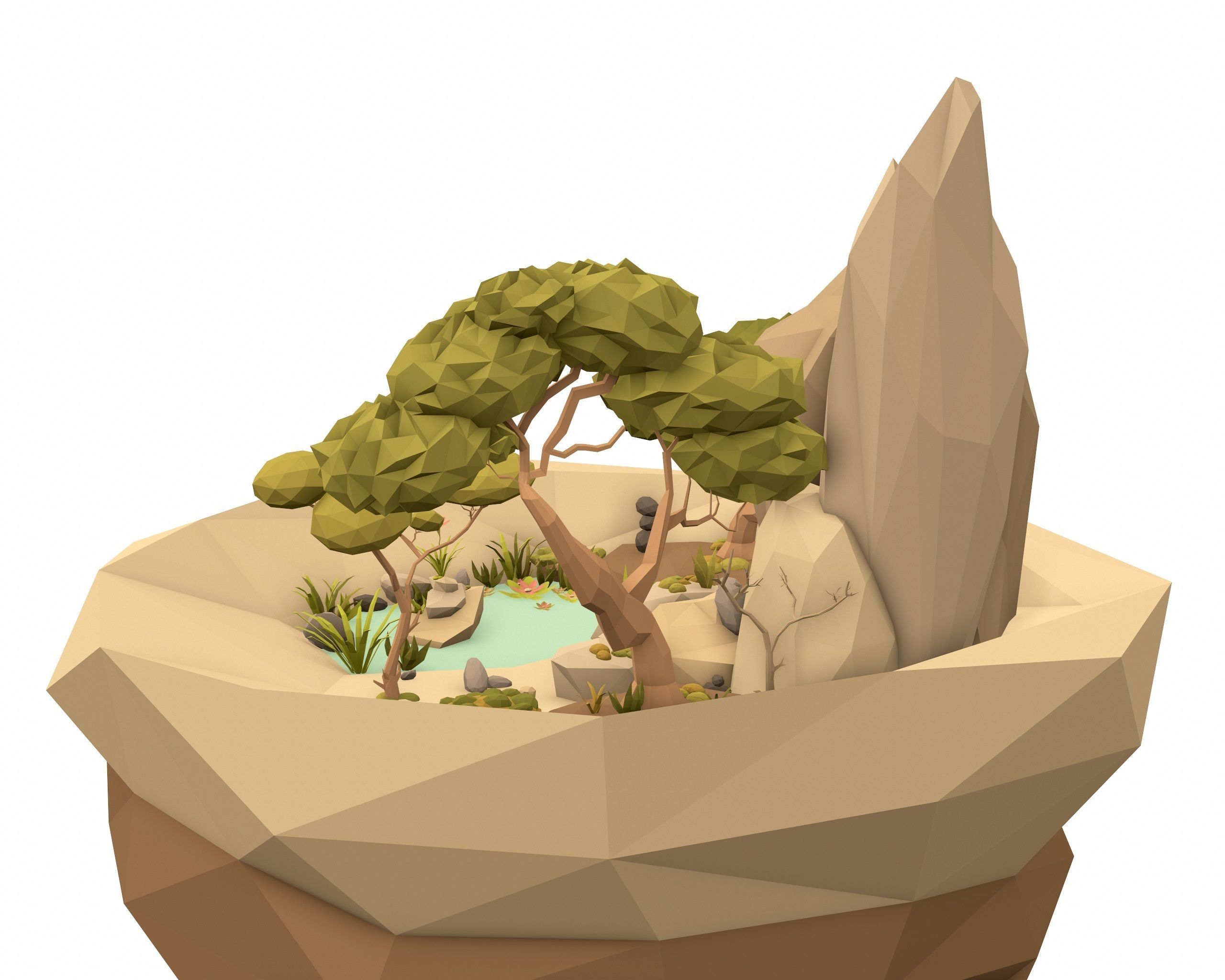Cartoon Style Floating Island with a Lake - LOW POLY Low-poly 3D model_9