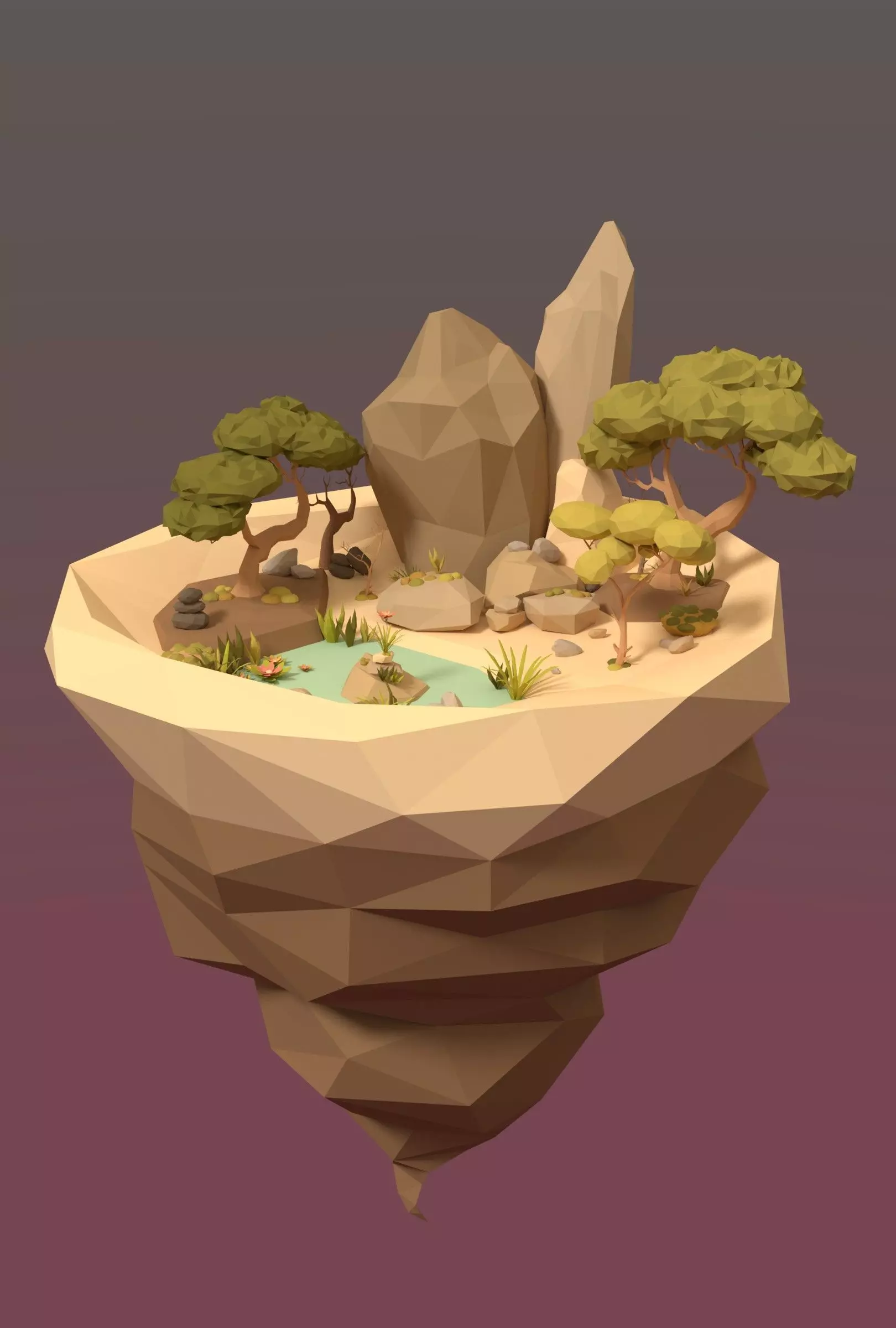 Cartoon Style Floating Island with a Lake - LOW POLY Low-poly 3D model_0