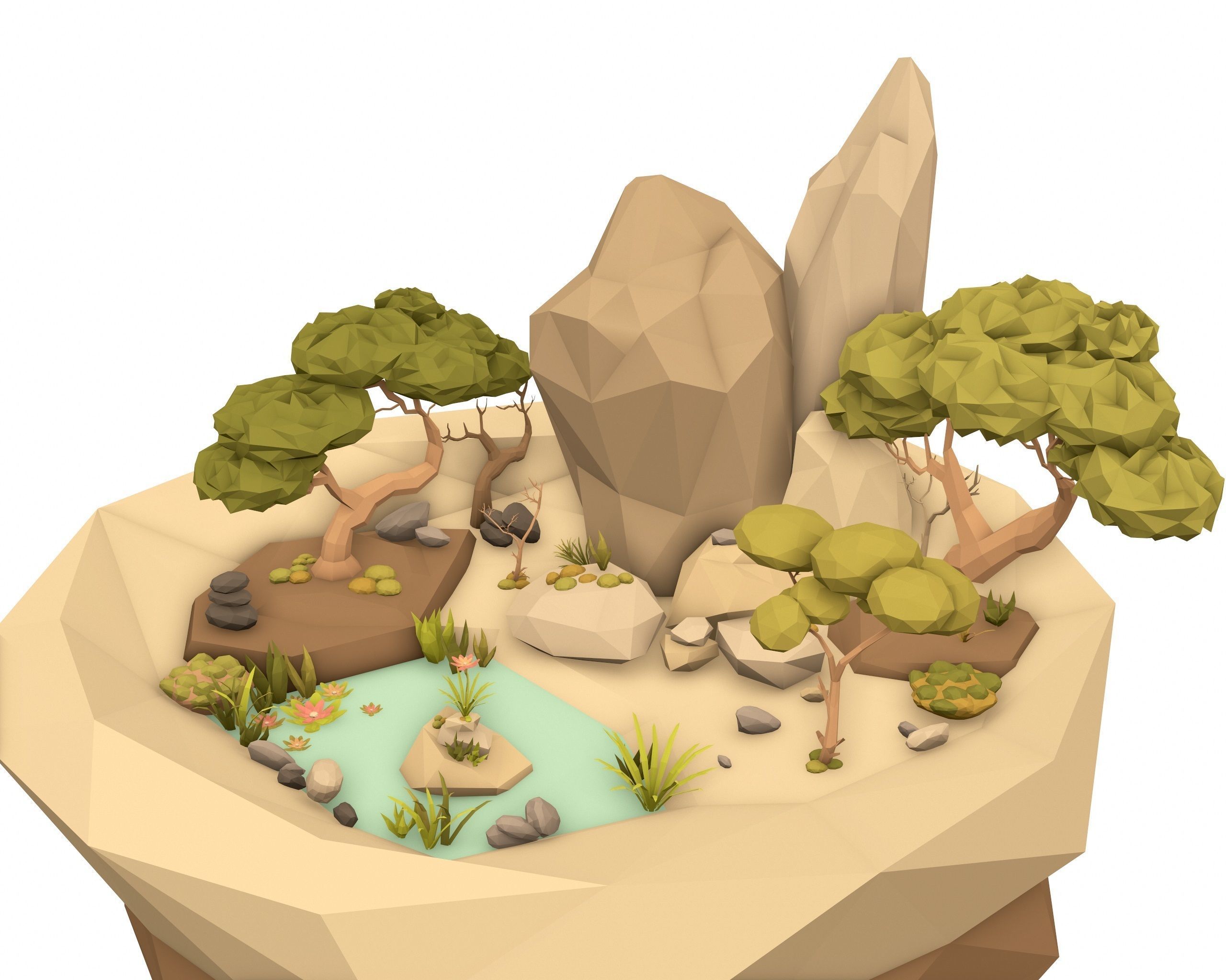 Cartoon Style Floating Island with a Lake - LOW POLY Low-poly 3D model_6
