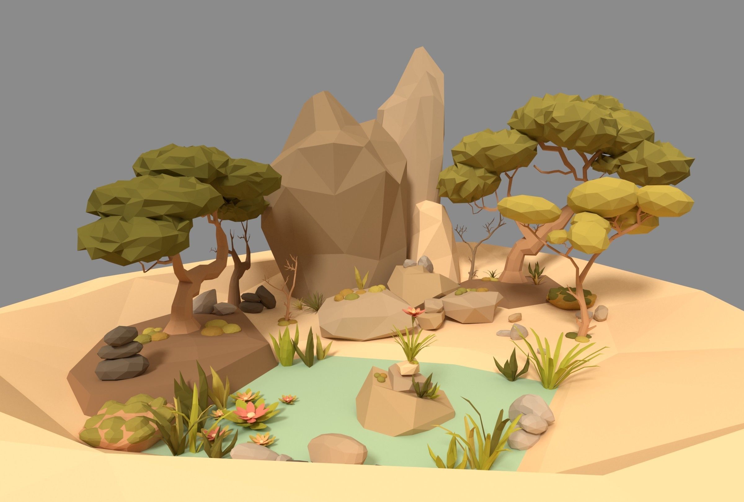 Cartoon Style Floating Island with a Lake - LOW POLY Low-poly 3D model_2
