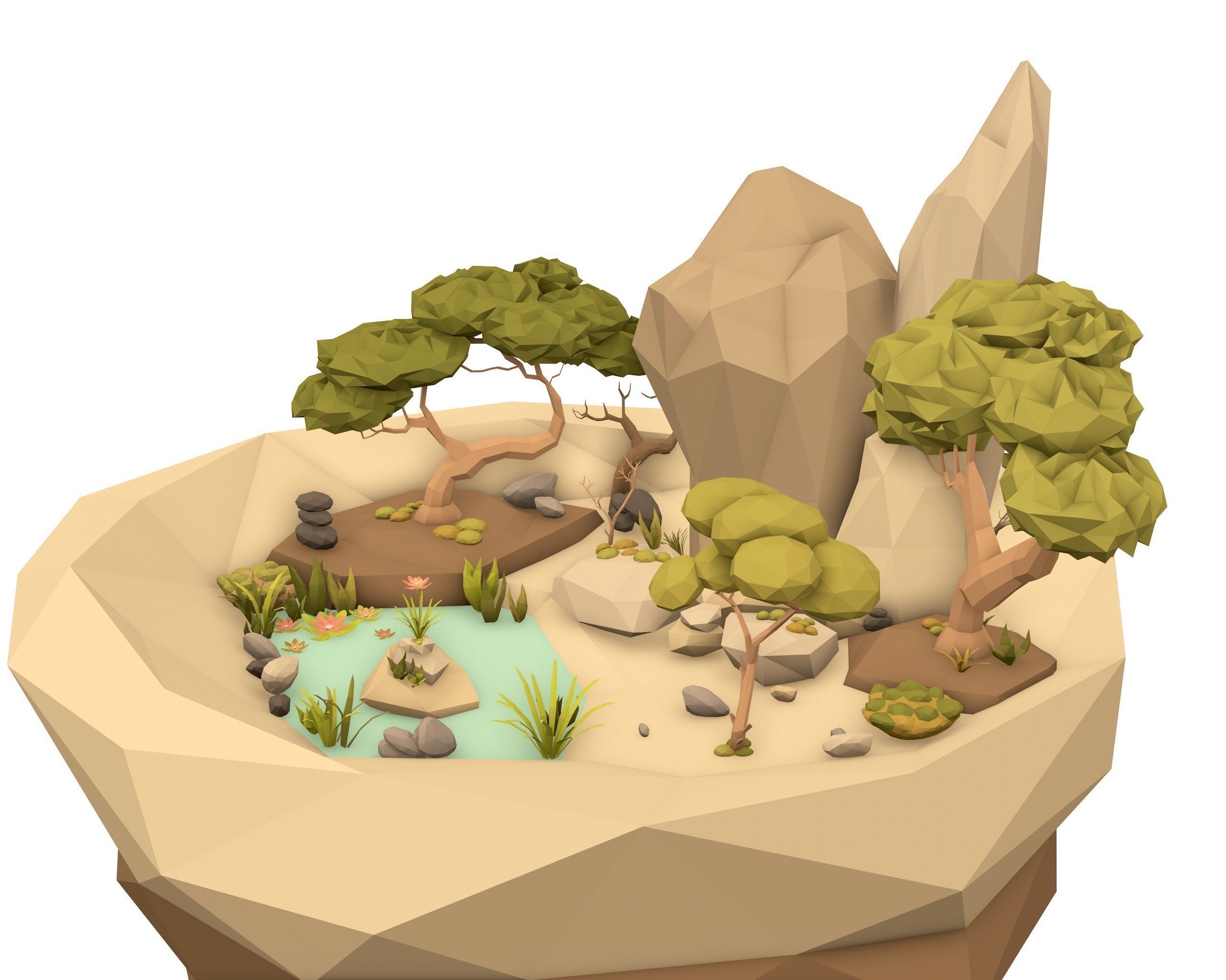 Cartoon Style Floating Island with a Lake - LOW POLY Low-poly 3D model_10