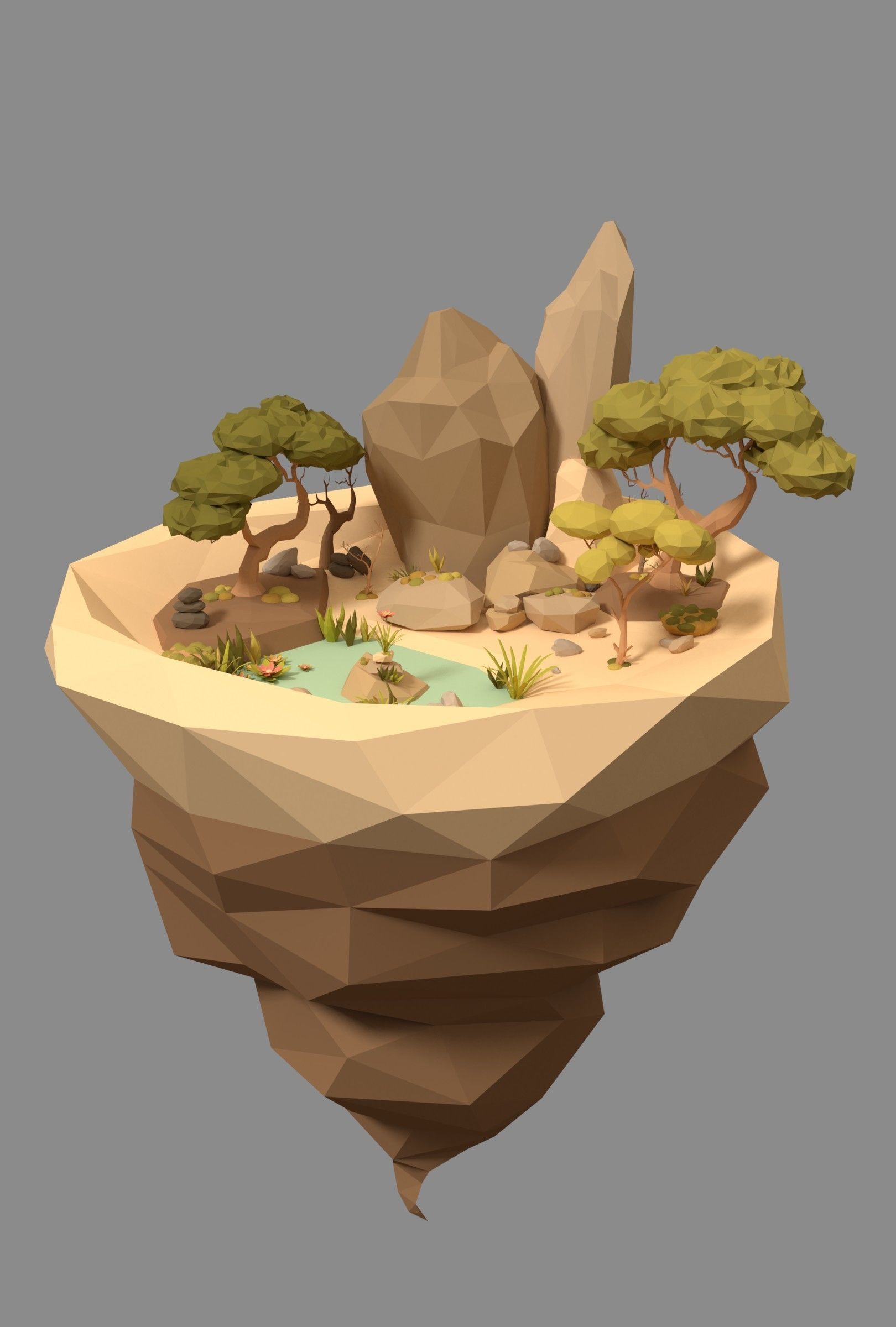 Cartoon Style Floating Island with a Lake - LOW POLY Low-poly 3D model_3