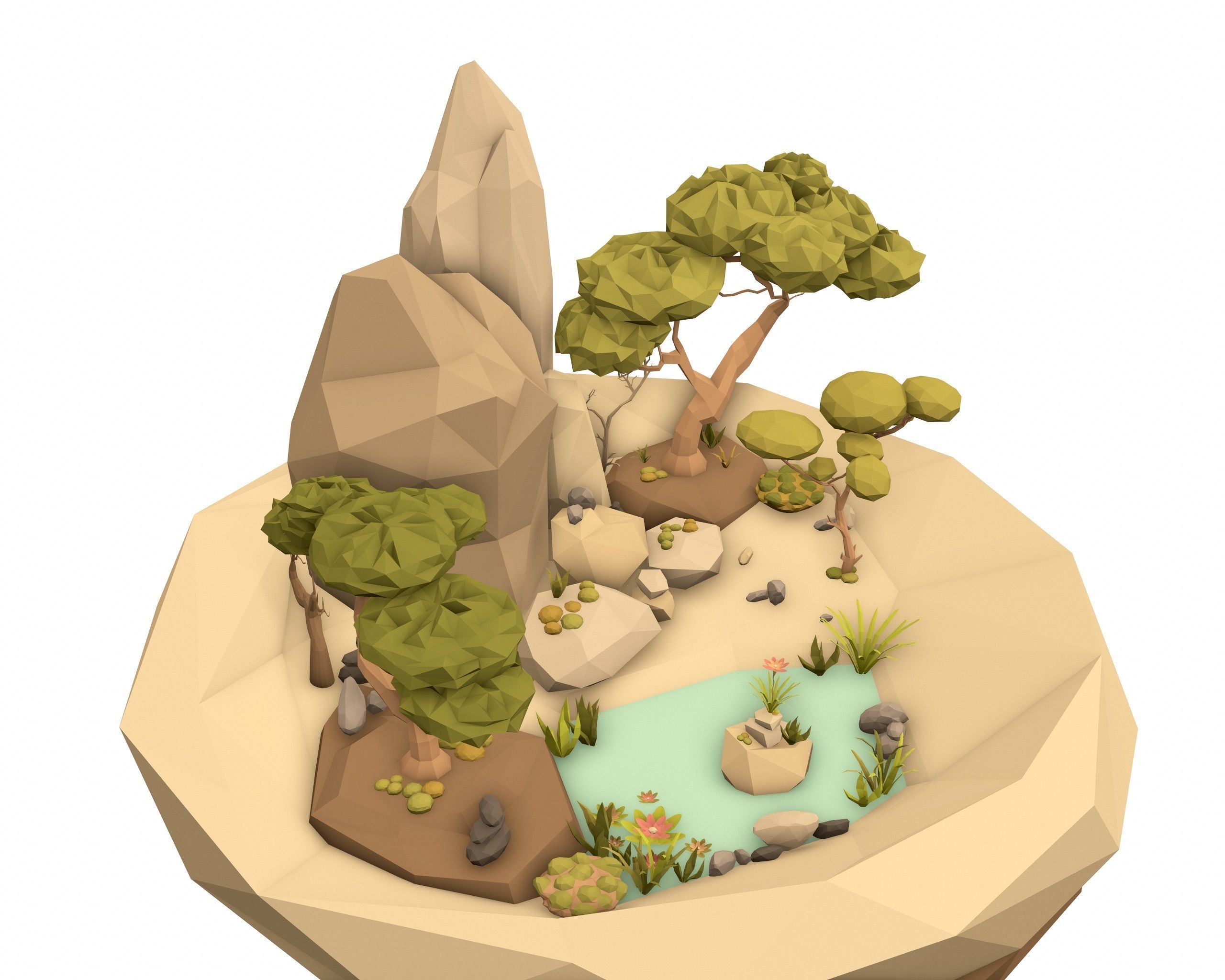 Cartoon Style Floating Island with a Lake - LOW POLY Low-poly 3D model_7