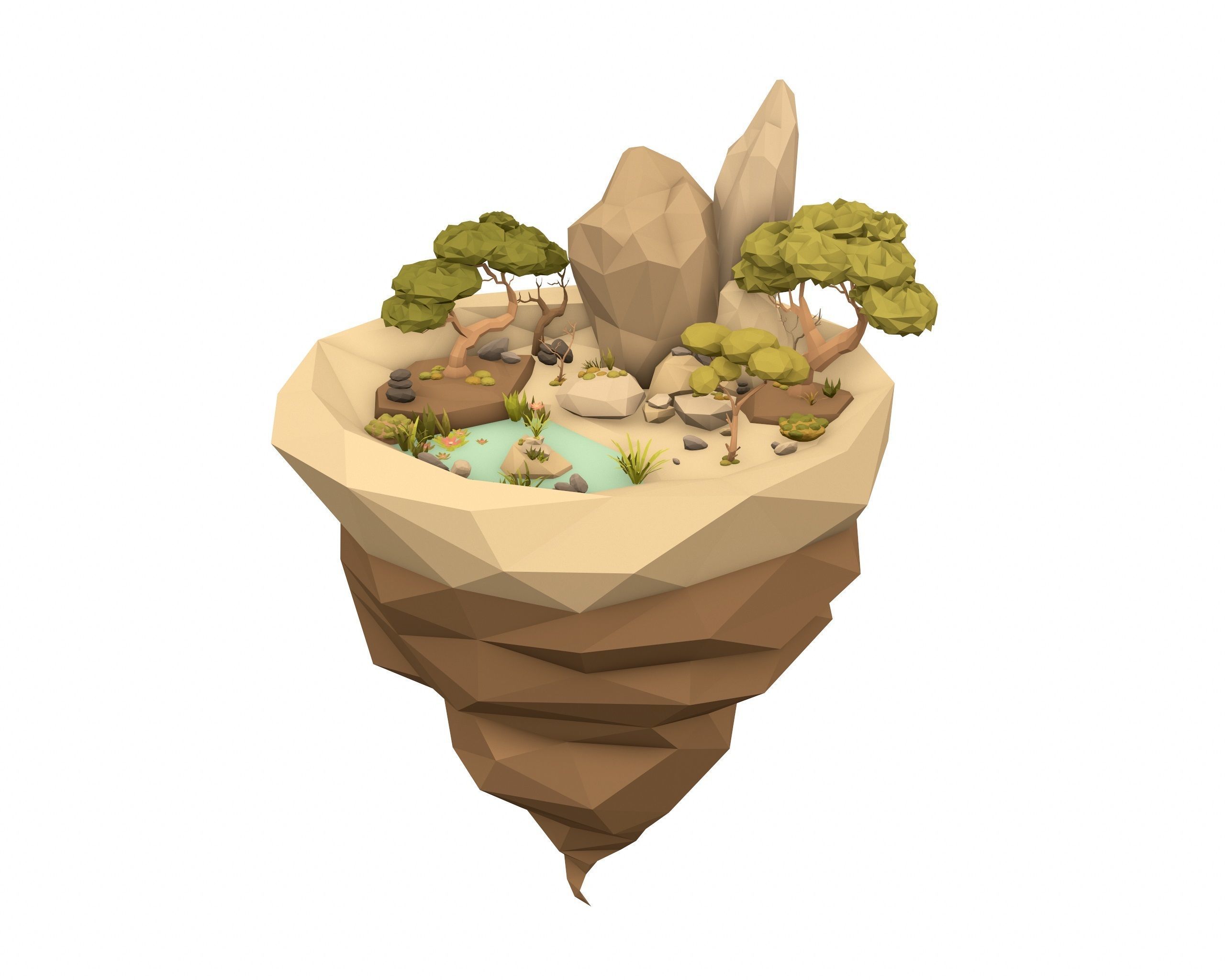Cartoon Style Floating Island with a Lake - LOW POLY Low-poly 3D model_1