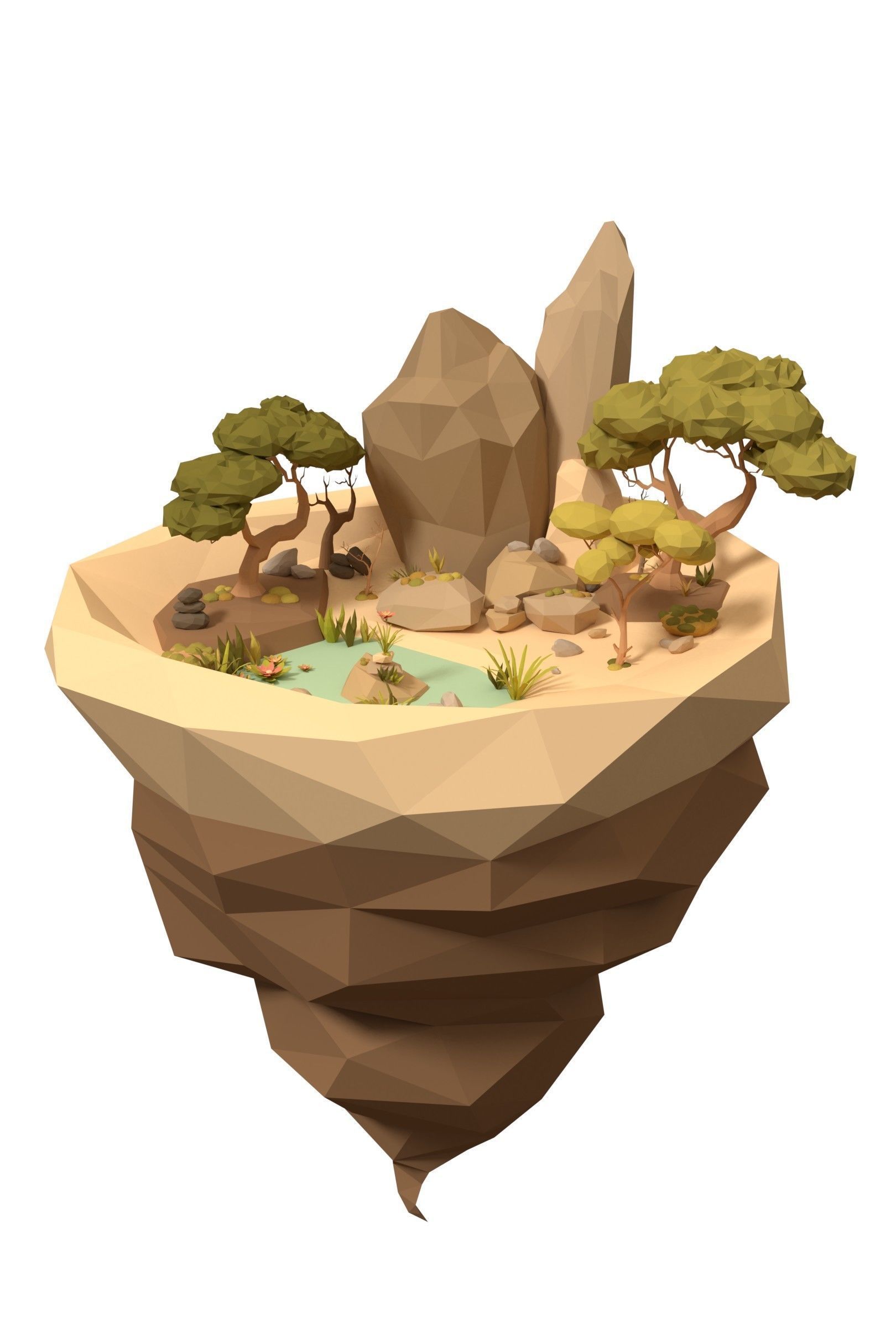 Cartoon Style Floating Island with a Lake - LOW POLY Low-poly 3D model_4