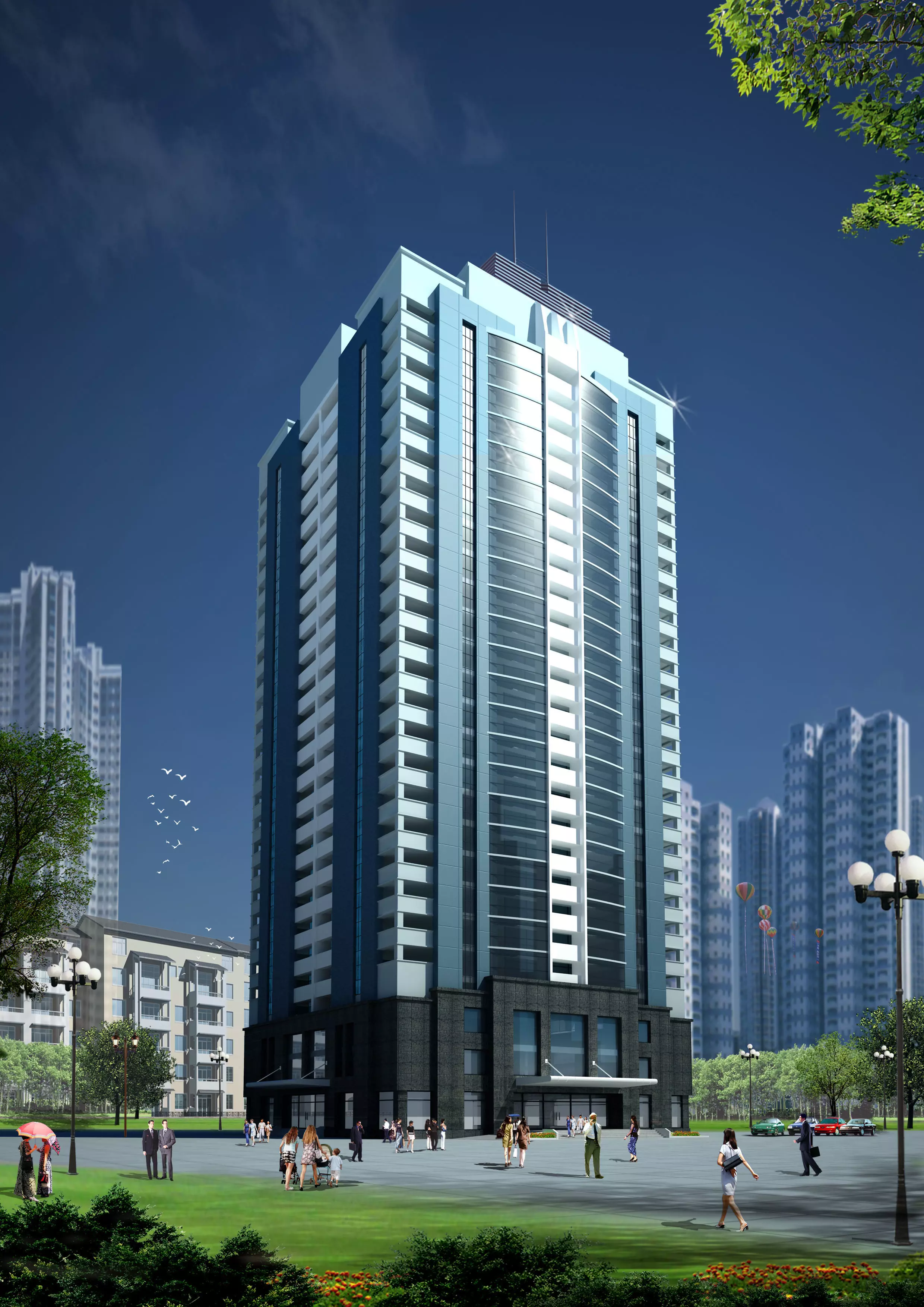 Apartment 1 high rise building in middle of park 3D model_0