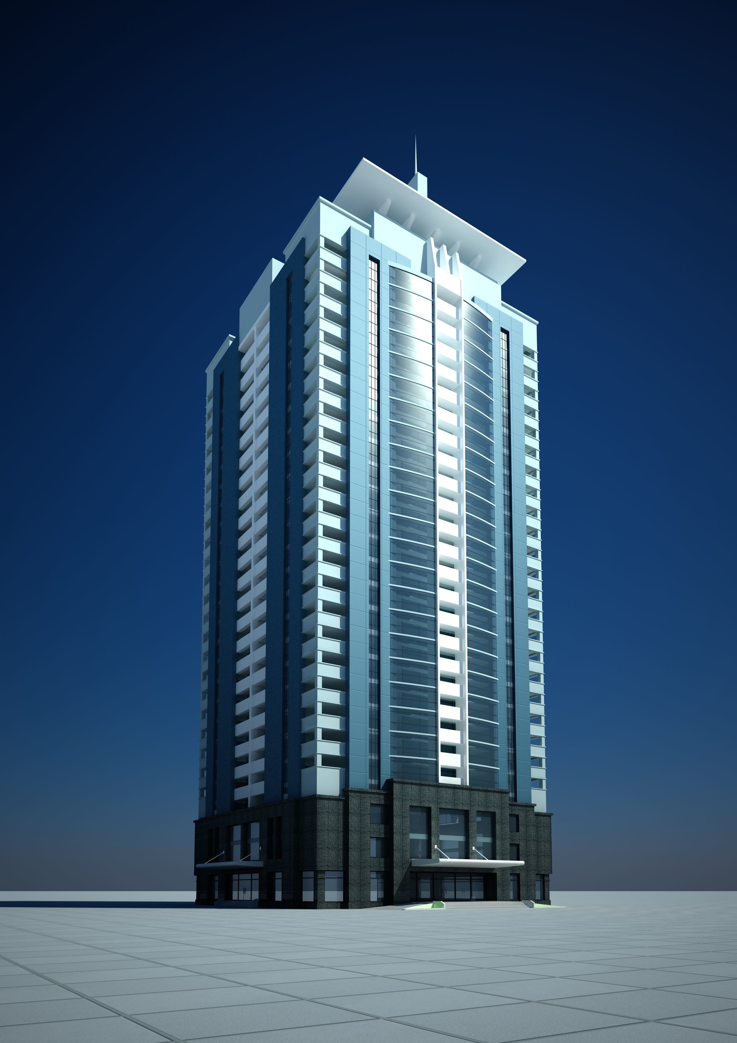 Apartment 1 high rise building in middle of park 3D model_1