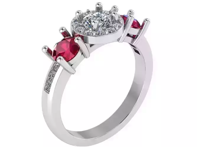 Round Halo 3-Stone Diamond Ring 0289