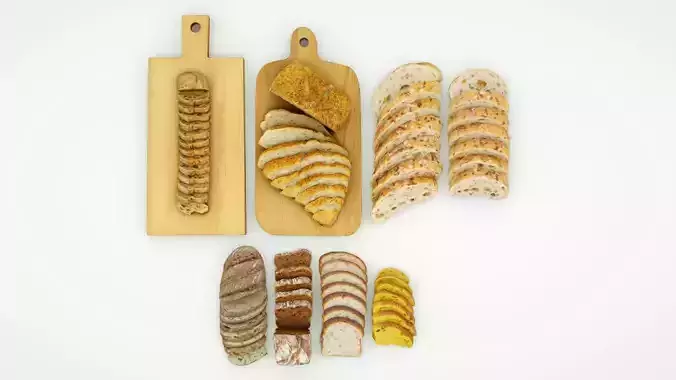 Bread sliced in pieces loaf bun baked goods collection 3D model