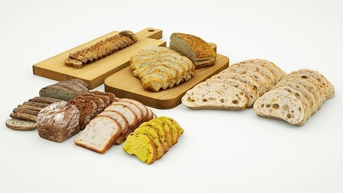 Bread sliced in pieces loaf bun baked goods collection 3D model 3