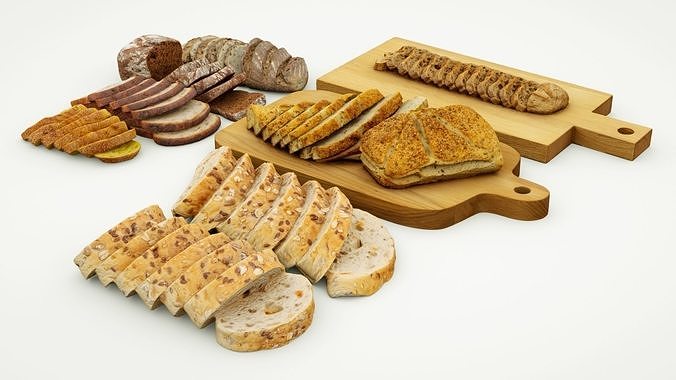 Bread sliced in pieces loaf bun baked goods collection 3D model 5