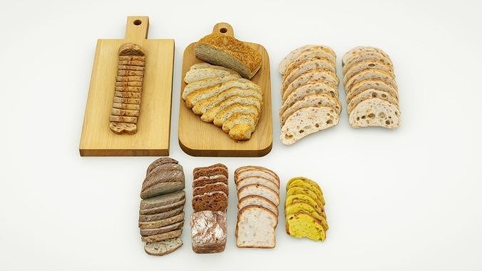 Bread sliced in pieces loaf bun baked goods collection 3D model 2