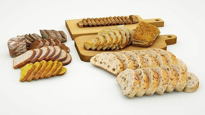 Bread sliced in pieces loaf bun baked goods collection 3D model 4