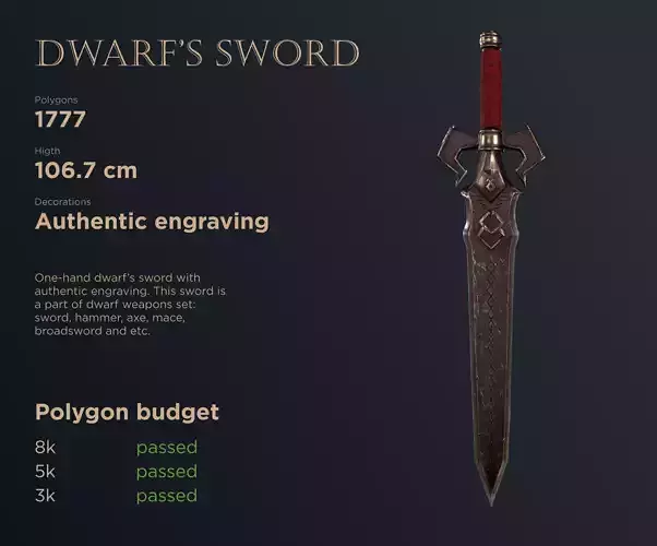 Dwarf sword Low-poly 3D model
