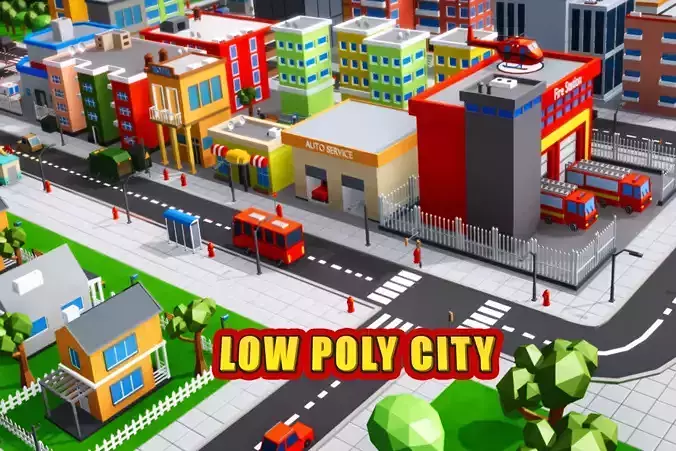 Low Poly City with buildings and cars Low-poly 3D model