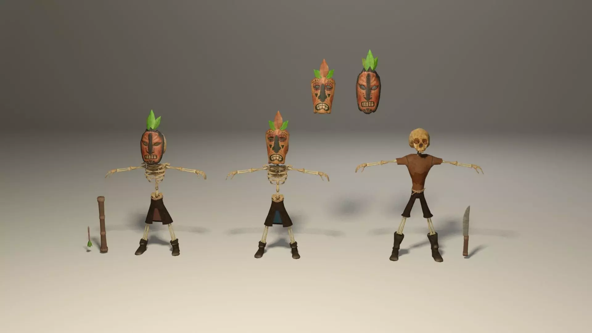Indigenous skeletons with masks 2 Low-poly 3D model_0