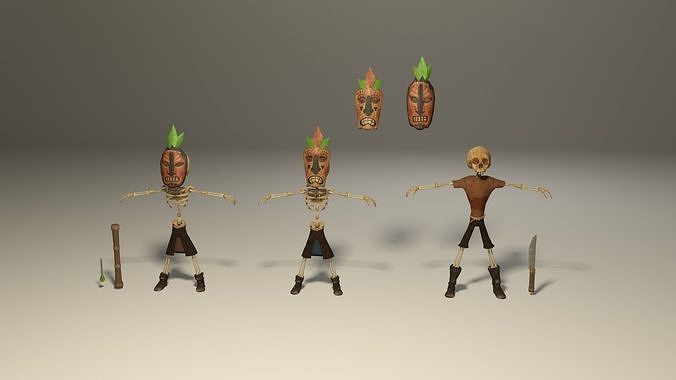 Indigenous skeletons with masks 2 Low-poly 3D model