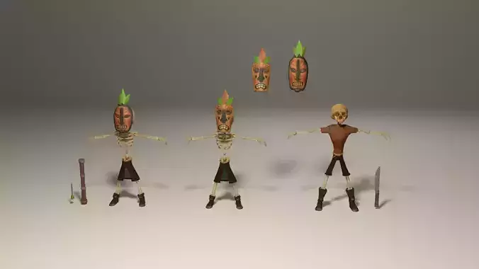 Indigenous skeletons with masks 2 Low-poly 3D model