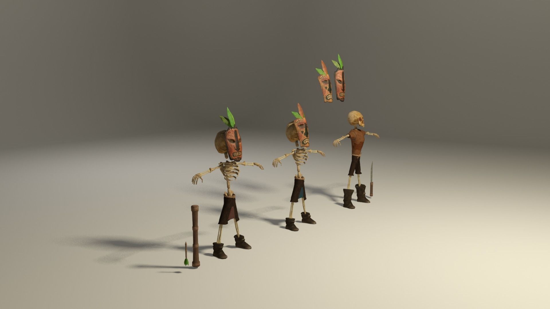 Indigenous skeletons with masks 2 Low-poly 3D model_4