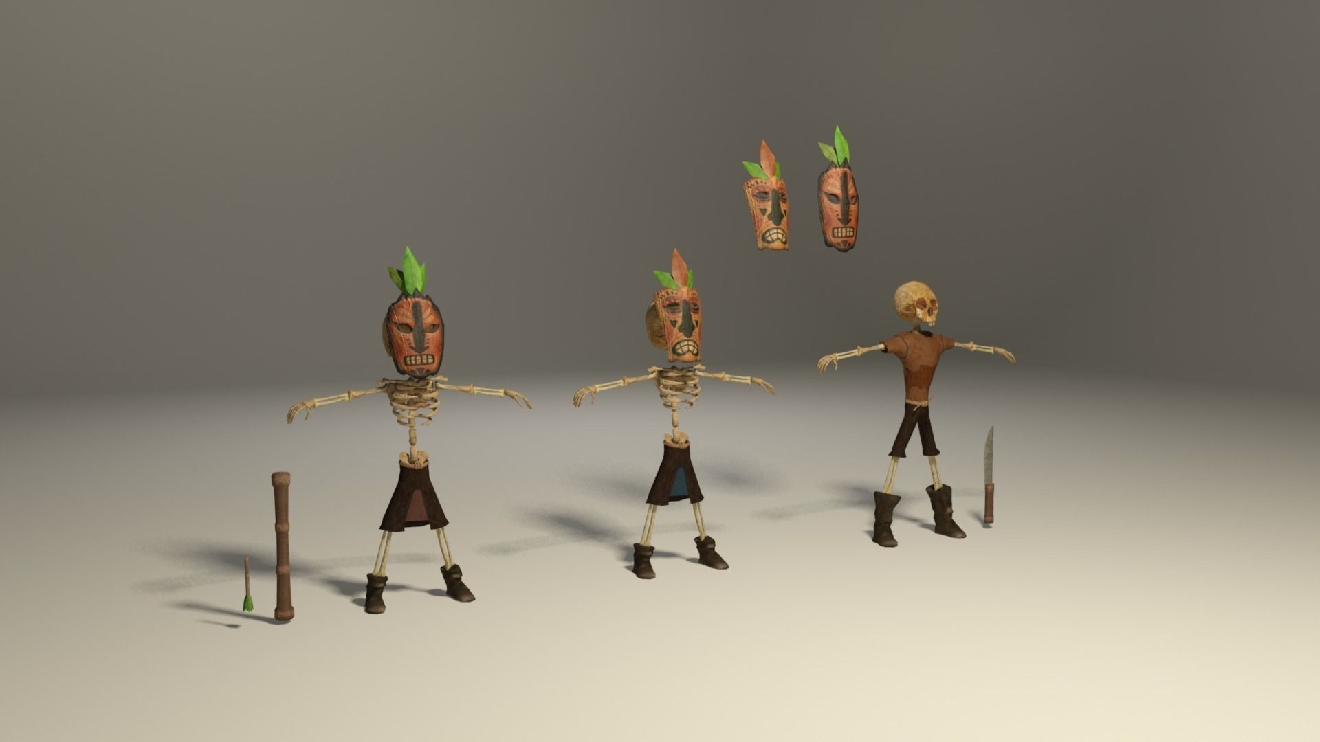 Indigenous skeletons with masks 2 Low-poly 3D model_2
