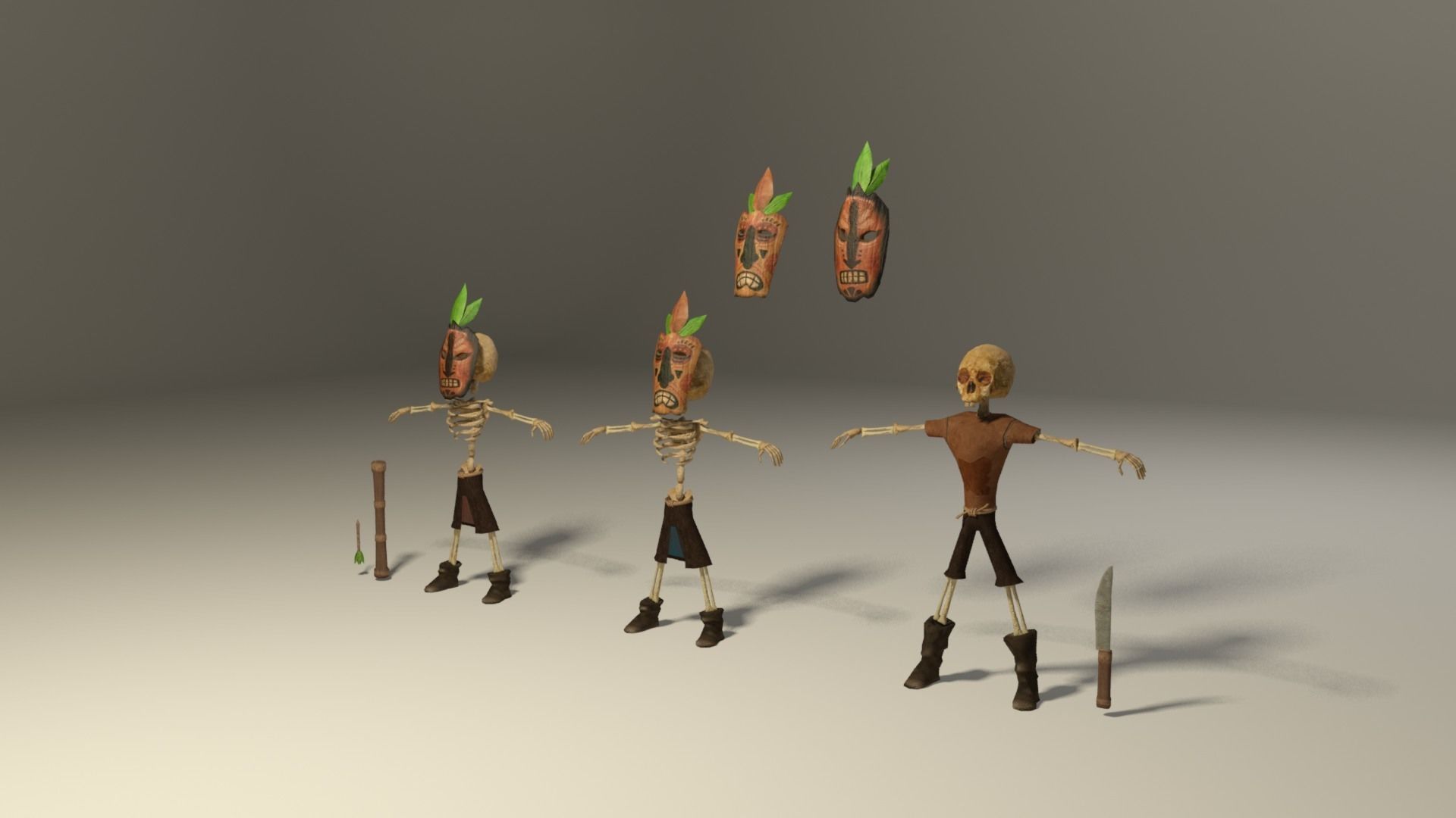 Indigenous skeletons with masks 2 Low-poly 3D model_1