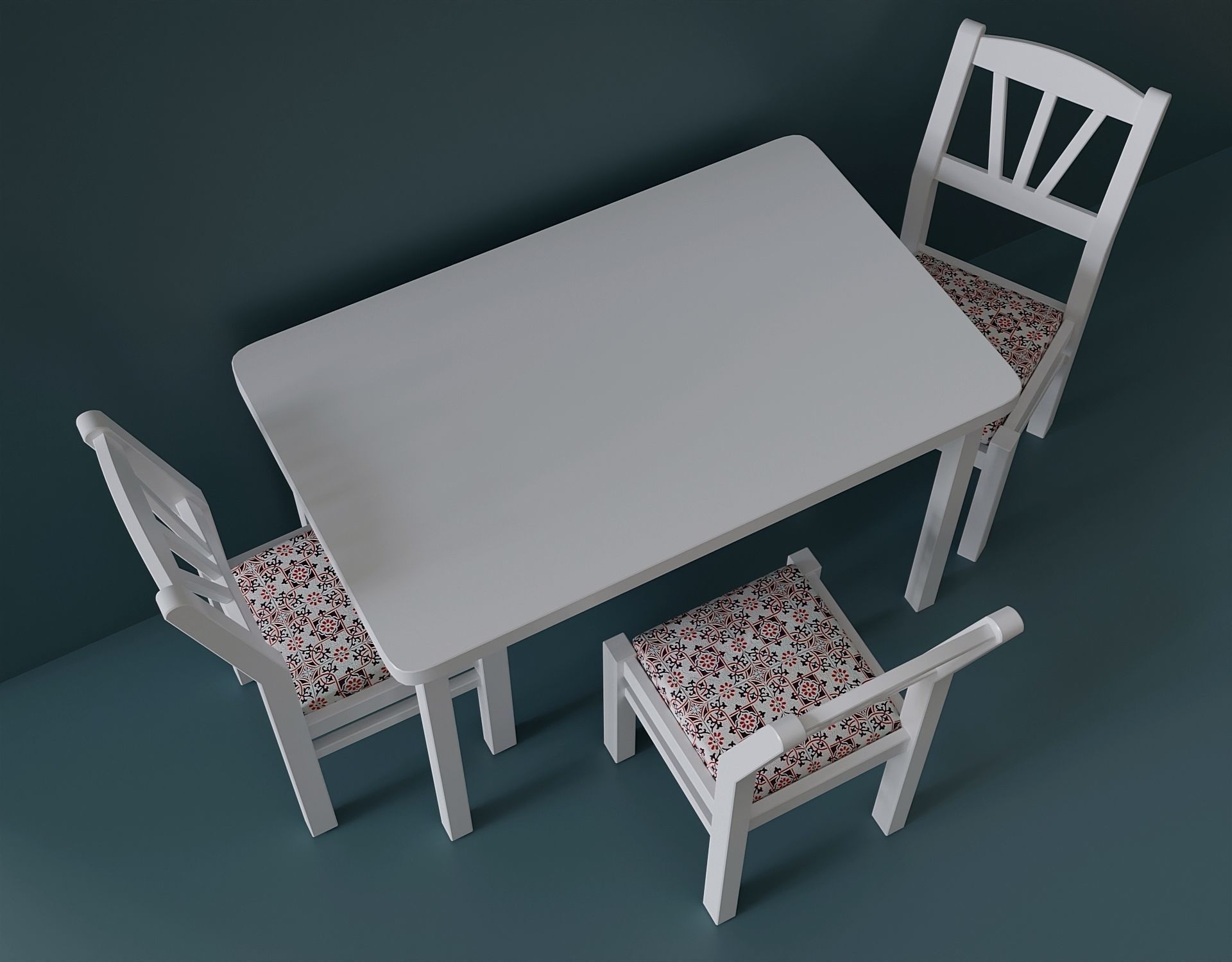 Simple kitchen set with a table and three chairs Low-poly 3D model_1