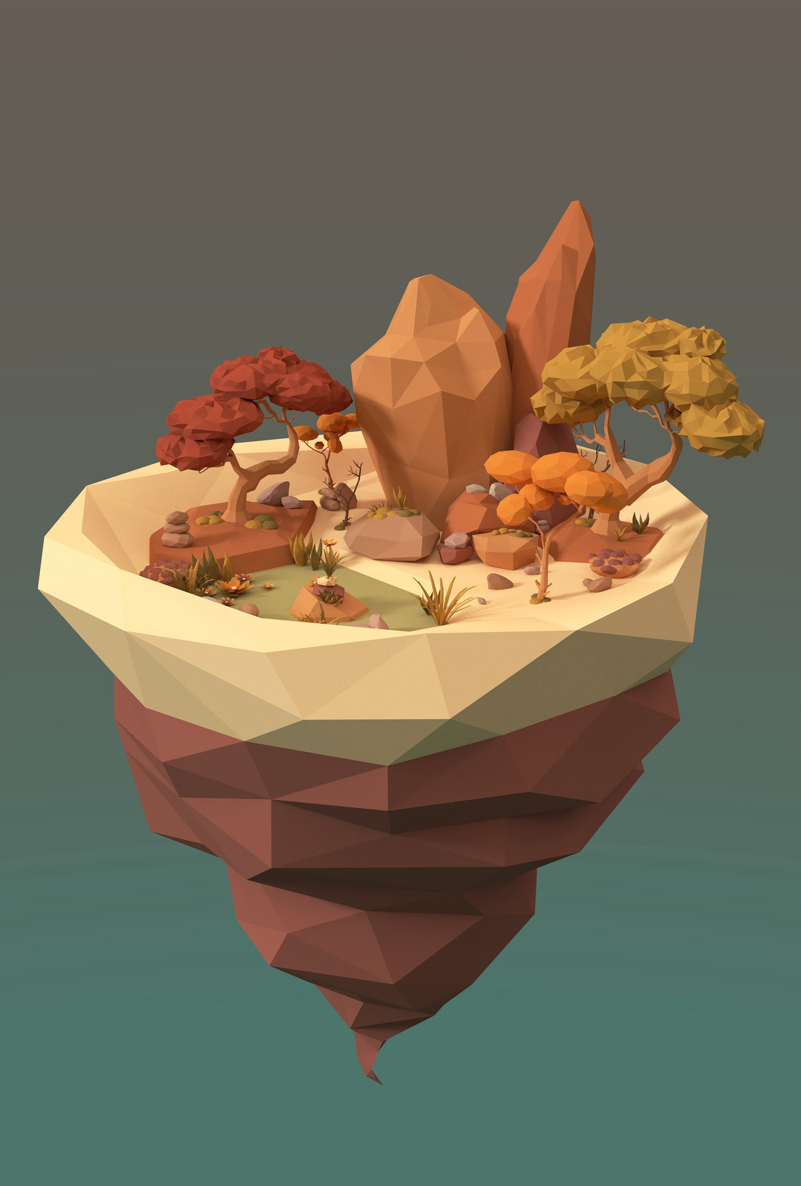 Cartoon Style Floating Island -Autumn -LOW POLY Low-poly 3D model_7