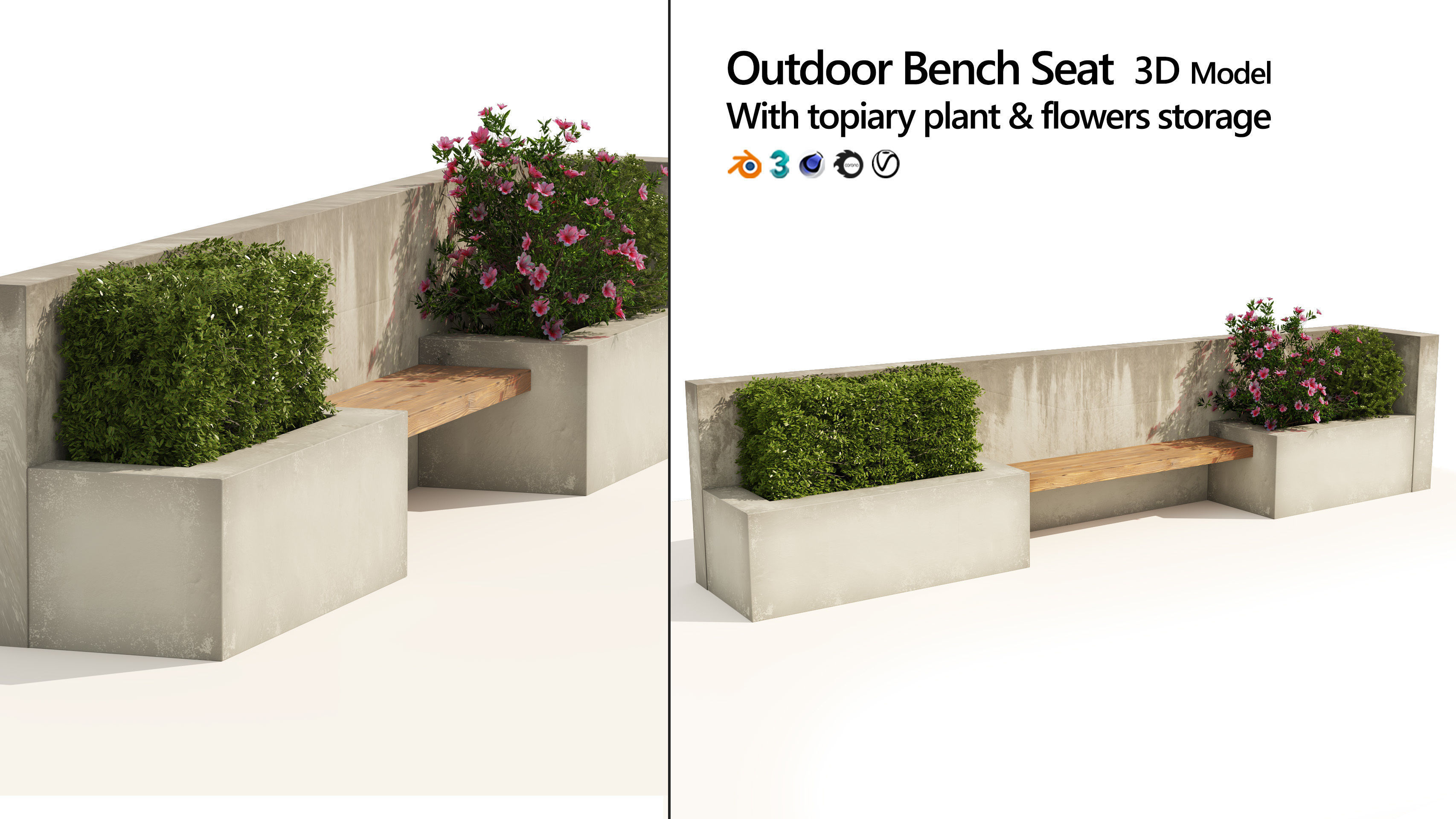 outdoor bench seat with plant and flowers storage 3D model_1