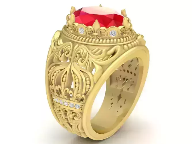 oval ruby and diamond fengshui men ring 3716 3D print model