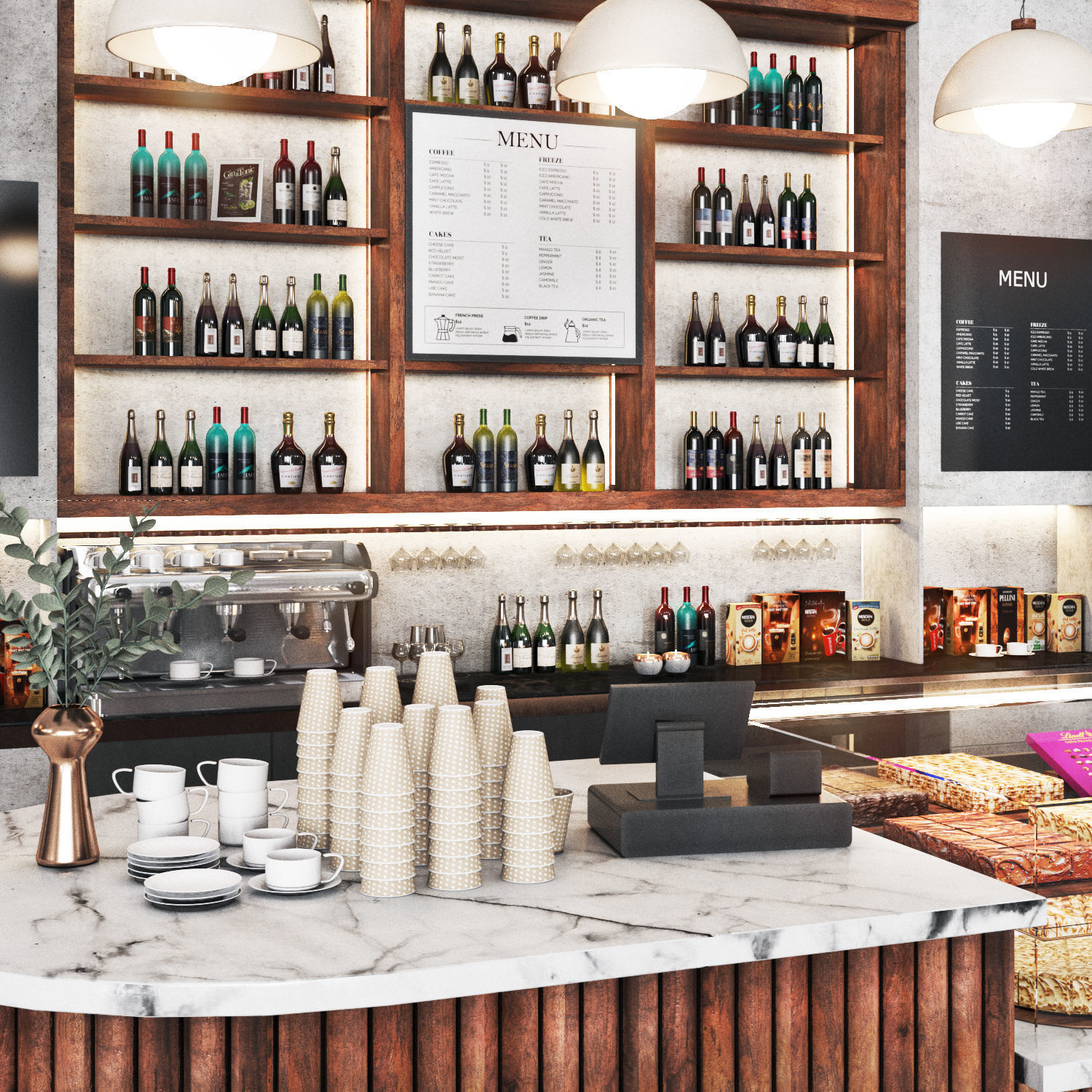 Cafe06 shop counter with shelves Low-poly 3D model_3