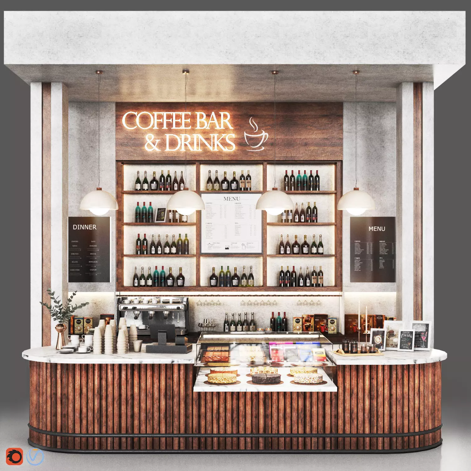 Cafe06 shop counter with shelves Low-poly 3D model_0