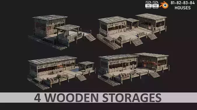 4 Old WoodenStorage Buildings Pack 4K Texture GameReady 81 to 84 Low-poly 3D model