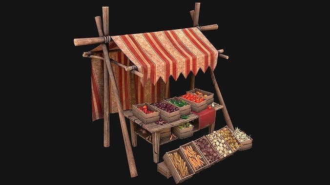 Medieval Market Street Stalls Tent Pack Fruit and Vegetable  Low-poly 3D model 4