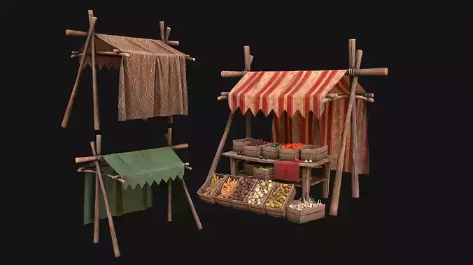 Medieval Market Stalls Tent Pack Fruit and Vegetable  Low-poly 3D model