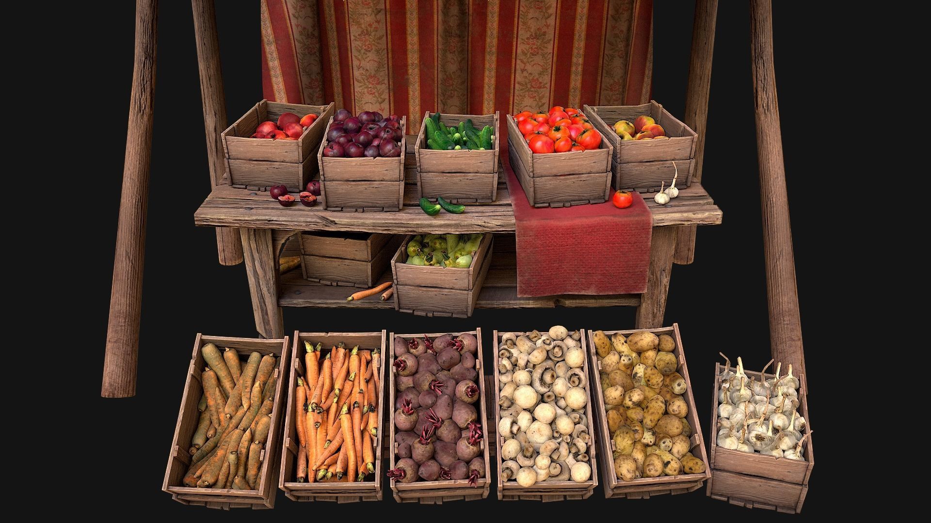 Medieval Market Stalls Tent Pack Fruit and Vegetable  Low-poly 3D model_9