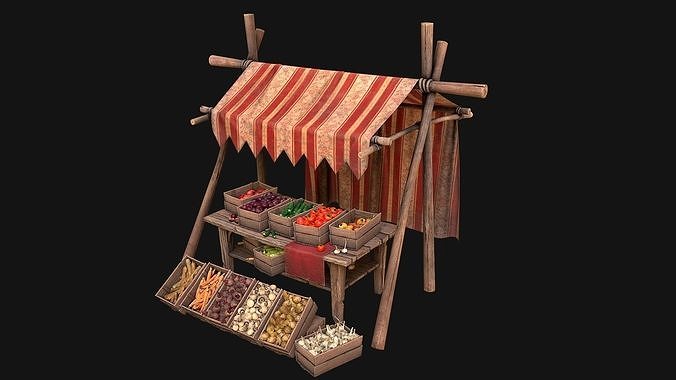 Medieval Market Street Stalls Tent Pack Fruit and Vegetable  Low-poly 3D model 3