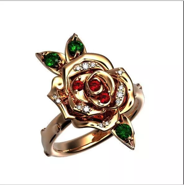 luxury flower rose ring with leaves and stones 3D print model
