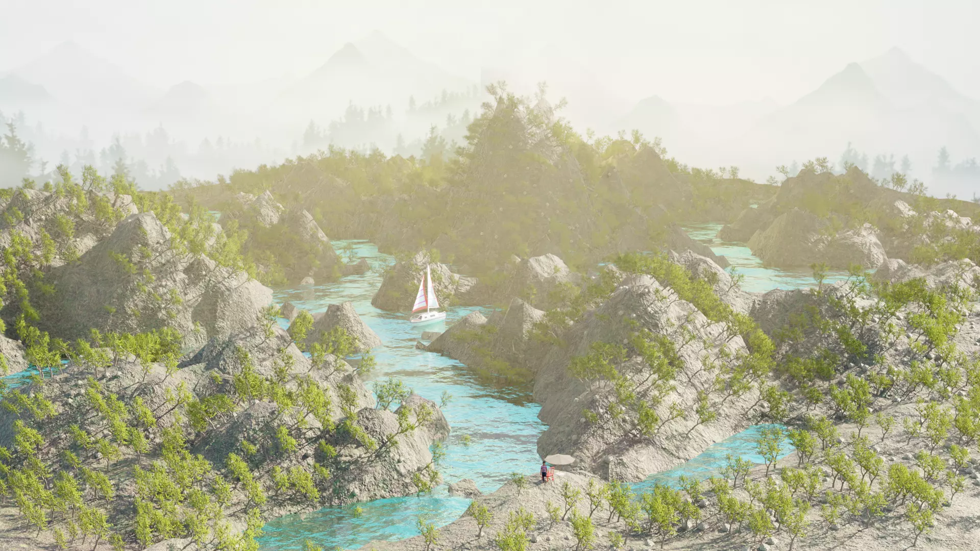 river in middle of mountain 3D model