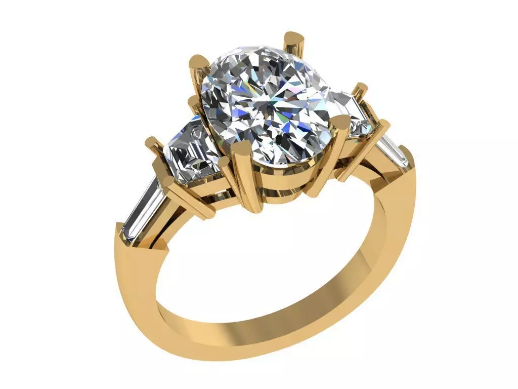 Ring329 diamond engagement ring with baguette stones 3D print model_0
