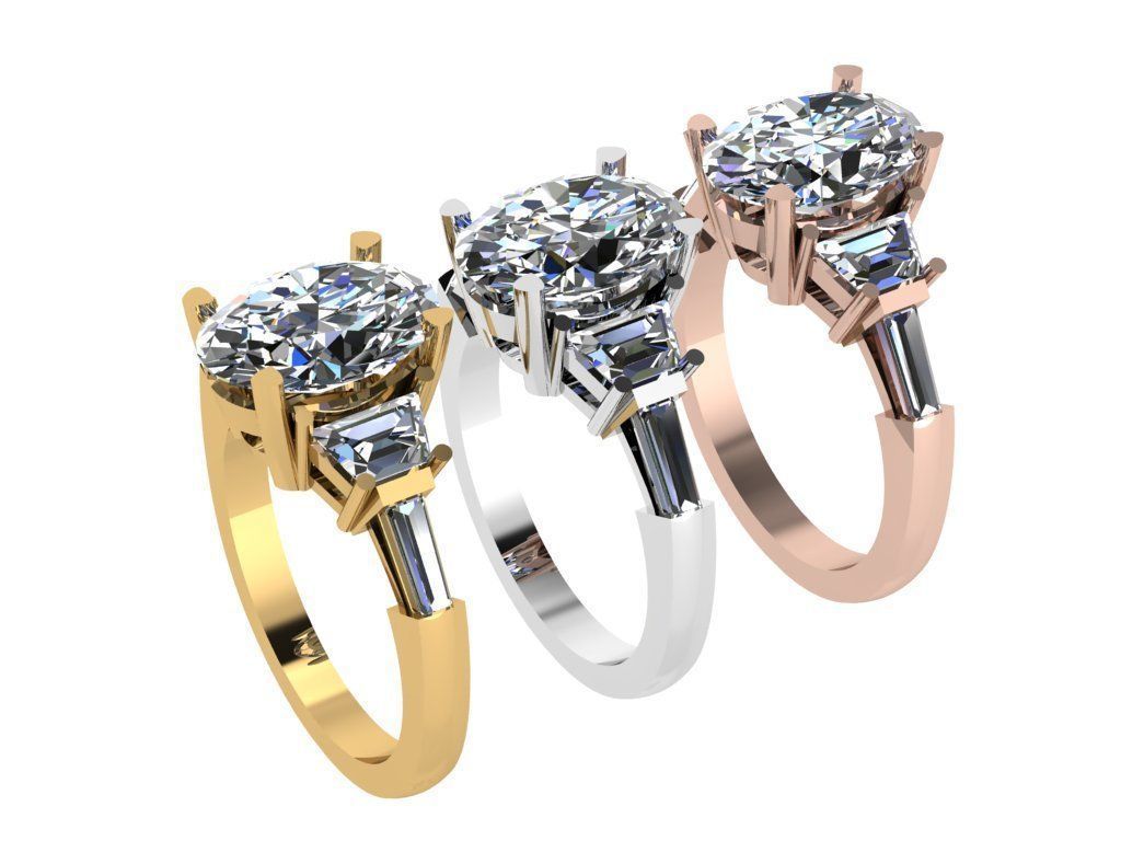 Ring329 diamond engagement ring with baguette stones 3D print model_4