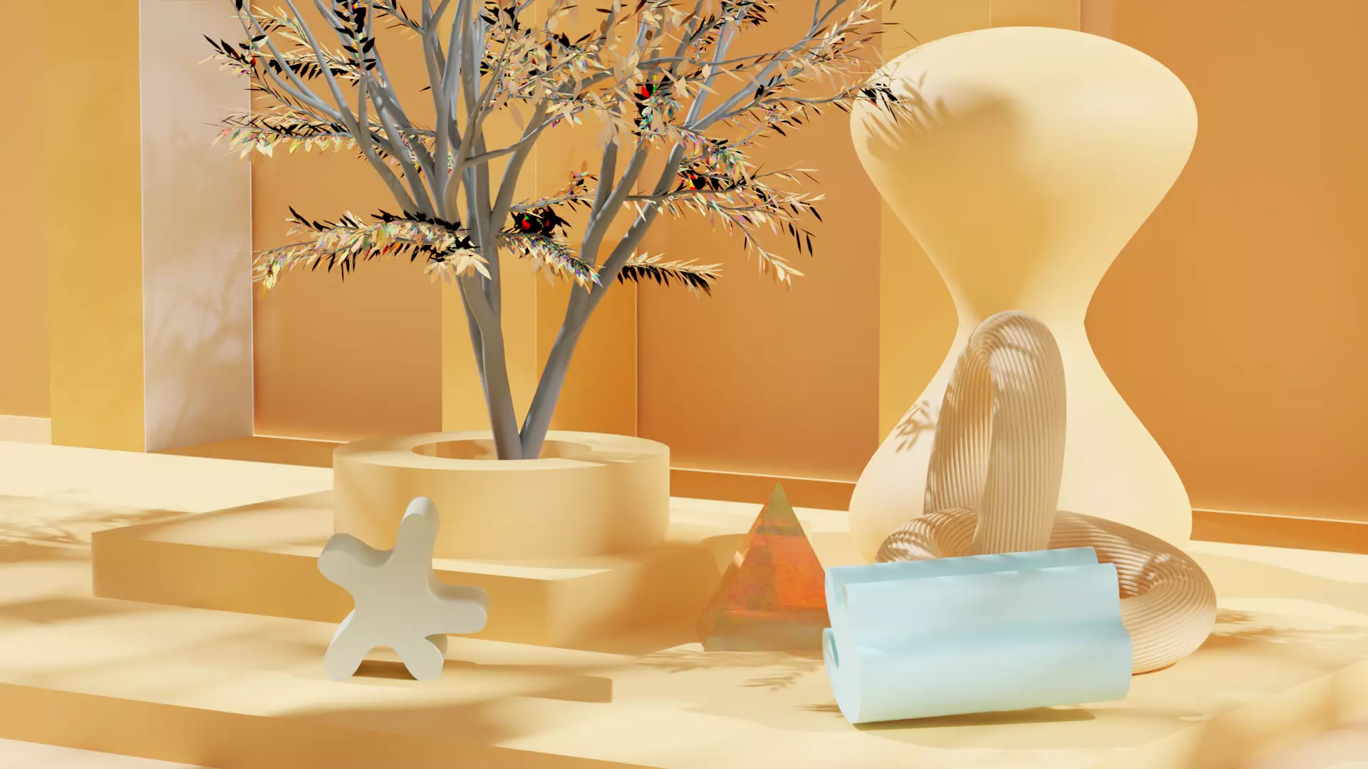 Abstract hall garden with arched wall with dynamic light 3D model