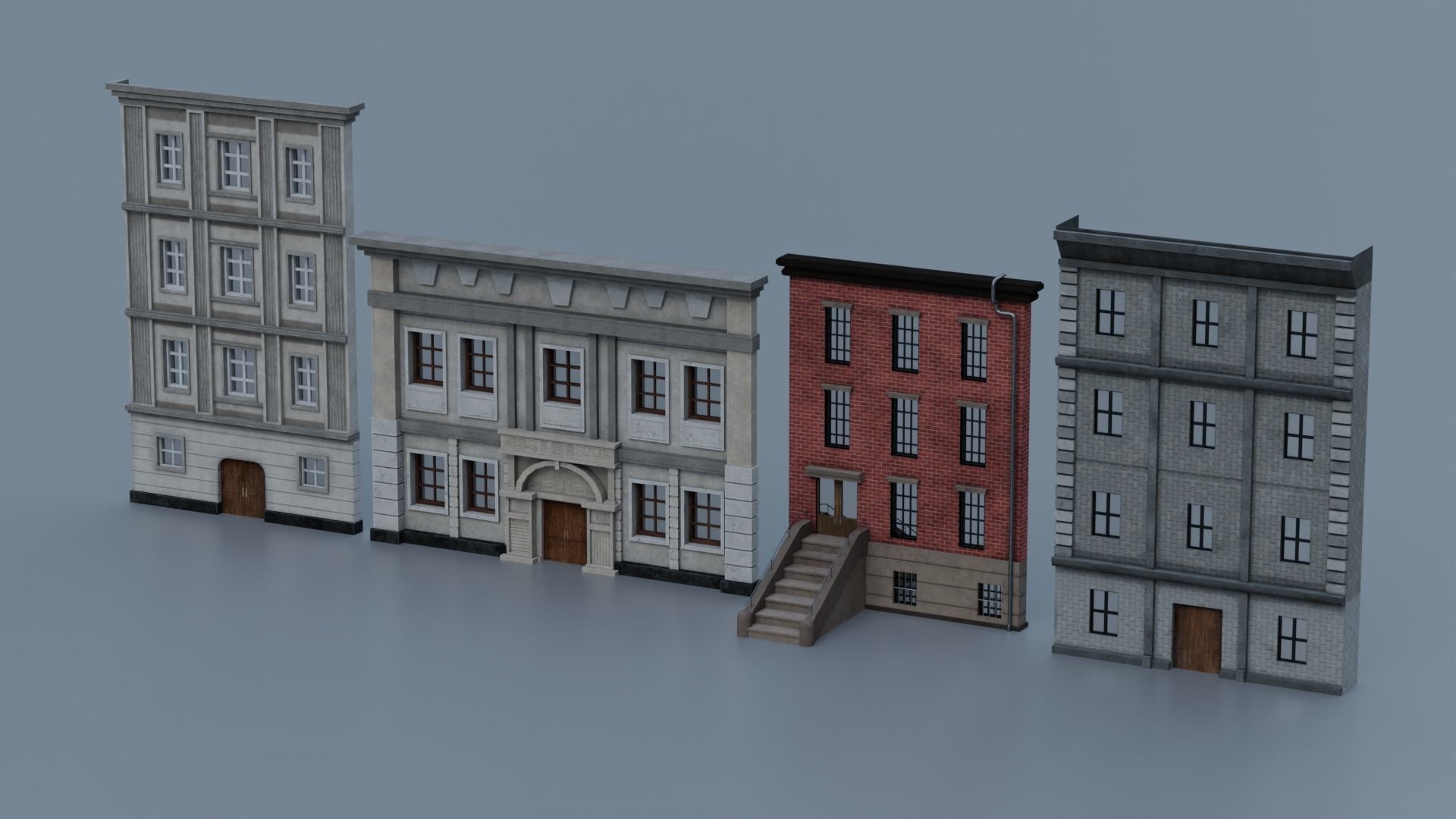 Buildings Front Free low-poly 3D model_1
