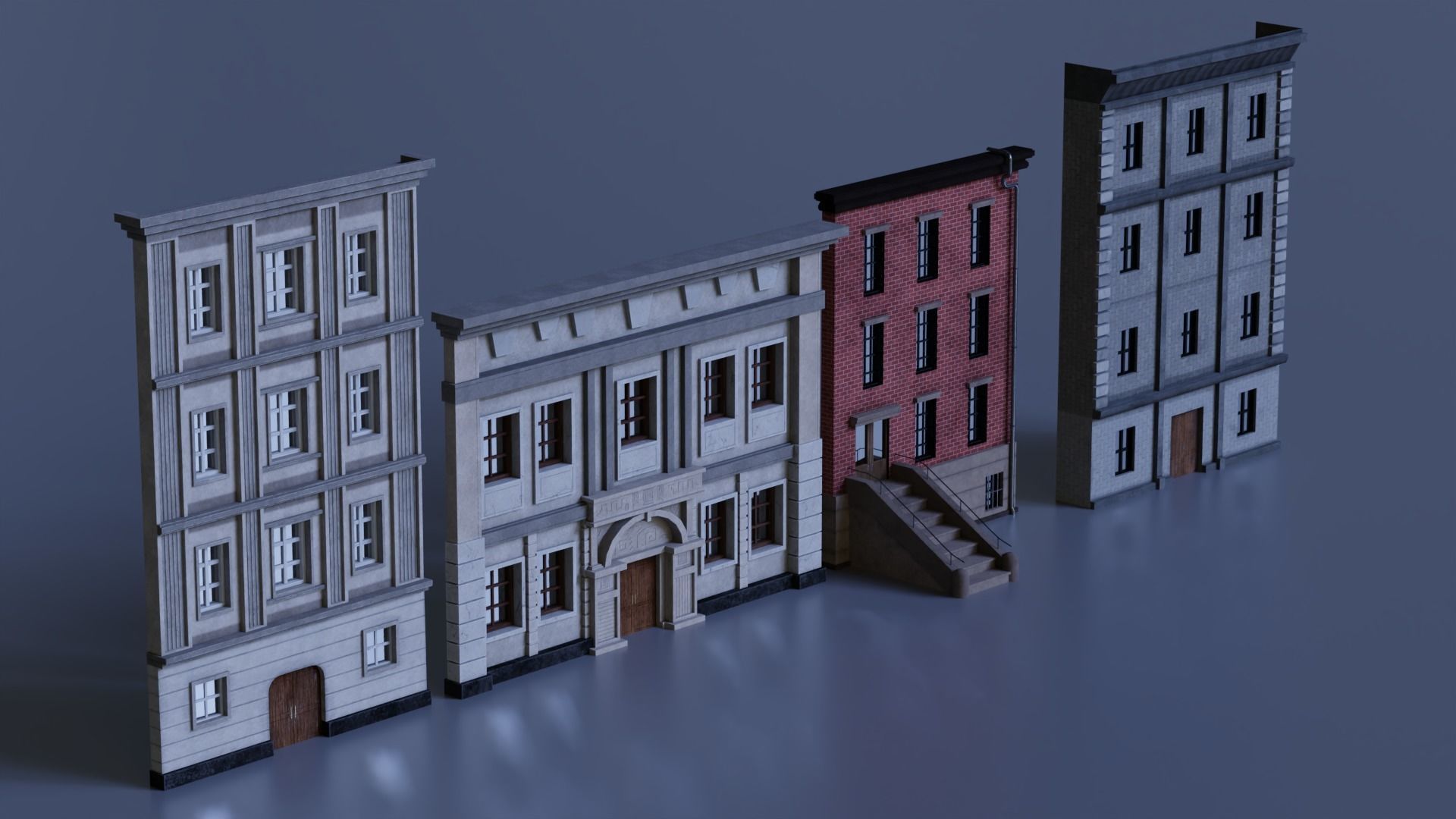 Buildings Front Free low-poly 3D model_2
