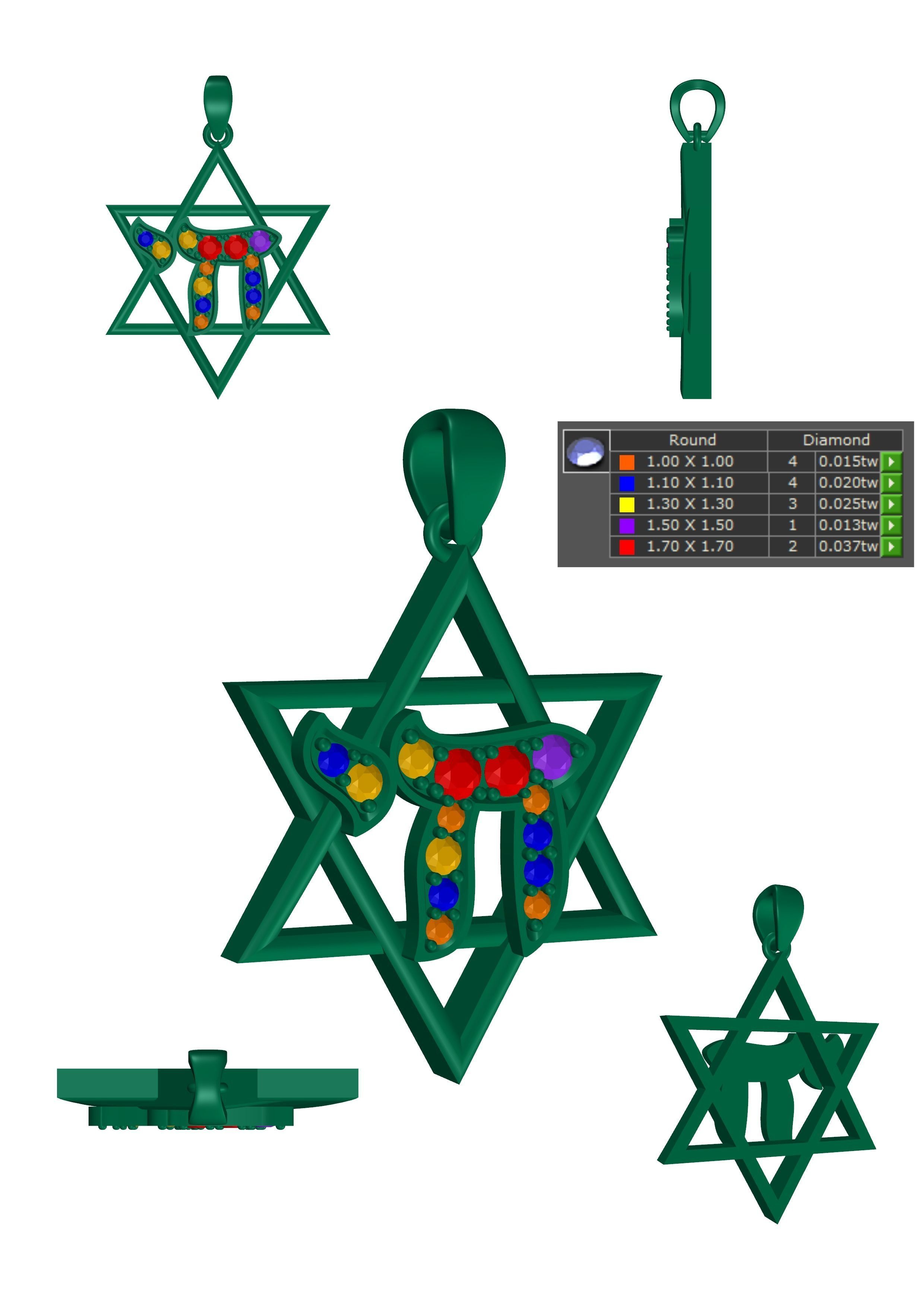 Star of David with Chai Pendant 3D print model_10