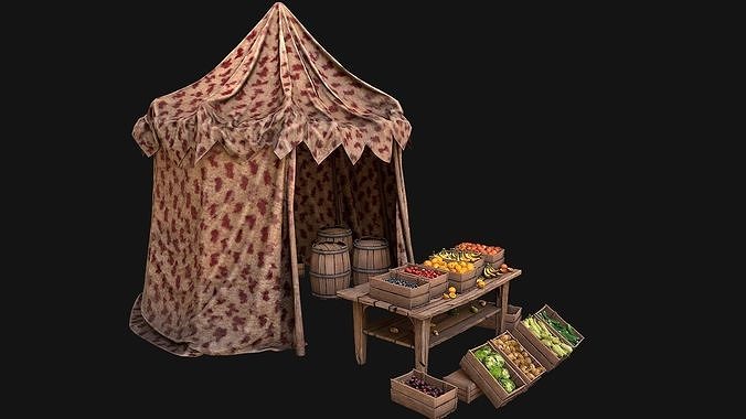 Medieval Market Stalls Cylindrical Tent Fruits Vegetables Low-poly 3D model 6