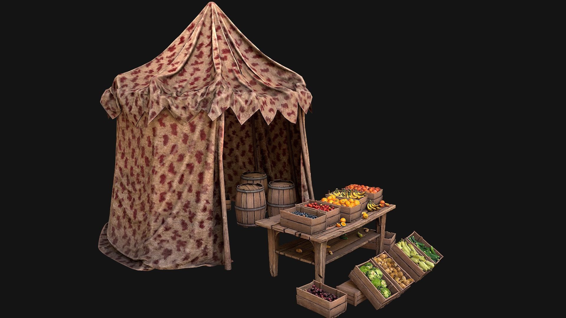 Medieval Market Stalls Cylindrical Tent Fruits Vegetables Low-poly 3D model_6