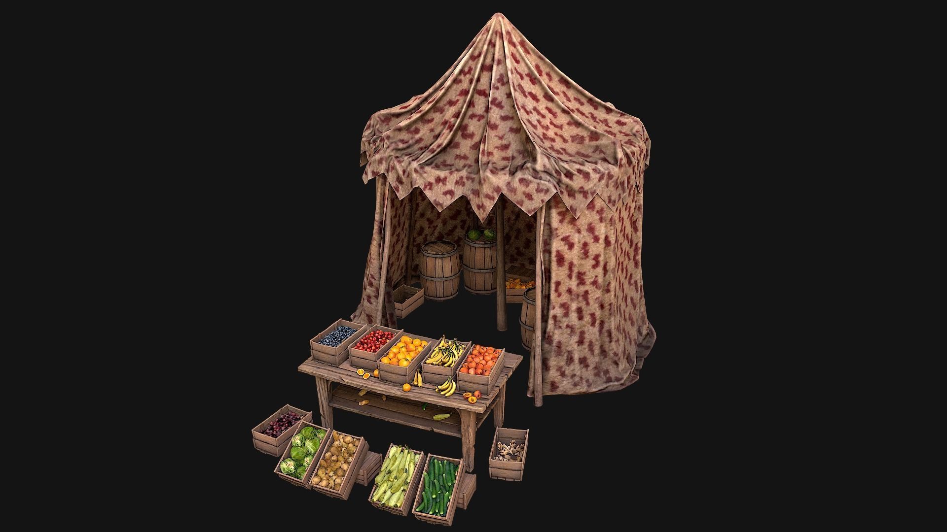 Medieval Market Stalls Cylindrical Tent Fruits Vegetables Low-poly 3D model_3